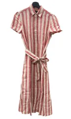 ラルフローレン RalphLauren ポロ POLO 23SS 現行タグ ストライプドベルテッド リネン ミディシャツ ドレス 麻 DRESS ロング丈 RED 赤 BEIGE ベージュ ワンピース レッド SIZE4 104LT-188