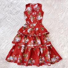 希少 ヴィンテージ INGEBORG インゲボルグ 牡丹 花柄 重ね段々フリル ピンタック ロング ワンピース リボン ティアード 段々フリル ノースリーブ レッド ピンクハウス PINK HOUSE  カネコイサオ