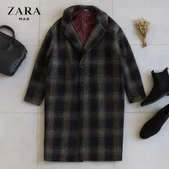 Zara Man チェスターコート　チェック　L ネイビー　イエロー　ウール