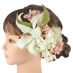 髪飾り 成人式 振袖 前撮り 袴 花 百合 ユリ 2点セット 白 緑 カスミソウ 造花 リーフ 葉 ナチュラル 華奢 大きい 小さい 和装 No.9-5286