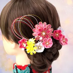 ❁つまみ細工金縁ピンクポンポンマム和装髪飾りセット ❁和装・着物・浴衣・卒園式・卒業式・七五三・水引髪飾り・ちりめんボール・和玉・記念日・行事・ハンドメイド髪飾り・ヘアアクセサリー・水引髪飾り