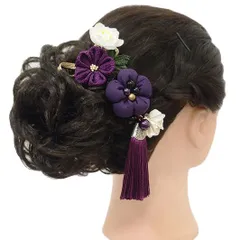 髪飾り 成人式 つまみ細工 紫 ゴールド 振袖 前撮り 袴 花 緑 白 マルチカラー ちりめん 房 組紐 和柄 大きい 小さい 3点セッ No.9-3864