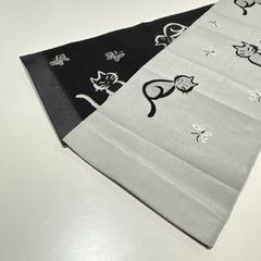 ★美品　半巾帯　両面　灰色・黒　猫　蝶々★r075