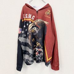 古着 used　長袖総柄パーカー　フルジップ　アメリカ　イーグル　鷹　鳥　国旗　星条旗　派手　カラフル　XXXLサイズ