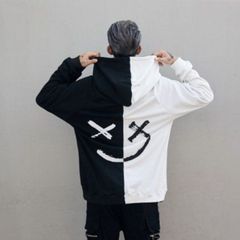バイカラー ニコちゃん 白黒 パーカー 長袖 韓国 メンズ 秋冬 大人気