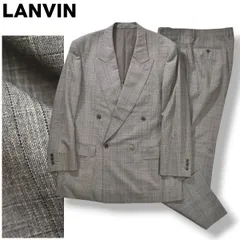 【上質】 ランバン LANVIN ダブル スーツ セットアップ 上下 テーラード ジャケット ピークドラペル サイドベンツ 背抜き ツータック スラックス パンツ R50－46 チェック柄 グレー フォーマル 紳士 メンズ
