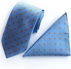 水色オレンジドット　2点セット　結婚式　発表会　ビジネス　イベント　パーティー　成人式　卒業式　卒園式　入社式　入学式　父の日　七五三祝い　メンズネクタイ　ポケットチーフ　ワイシャツ　スーツ　格安　小物　ライトブルー色　オレンジ色　ドット柄　水玉柄