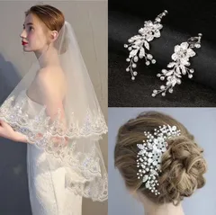3点セット！ウェディング2層ベール  ヘッドドレス&イヤリング7/13