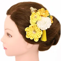 髪飾り 成人式 つまみ細工 振袖 前撮り 袴 浴衣 夏祭り 花火大会 豪華3点セット 黄色 白 ゴールド ちりめん 房付き ラインスト No.9-4148