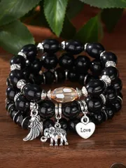 ジュエリー レディース ブレスレット セット 多層クラック ビーズブレスレット 3個セット、象と ハート型ペンダント付き、バレンタイン、母の日、ギフト
