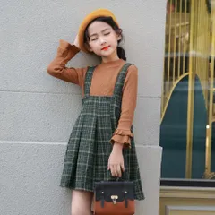 ☆ ブラウン×ダークグリーン ☆ 140cm ☆ ワンピース スーツ 女の子 シンプル フォーマル ワンピース キッズ 女の子 長袖 サロペット ジャンスカ セットアップ トップス スカート セット ジャンパースカート フォーマル ドレス 子供 子供服 子ども