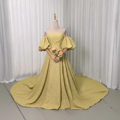 パーティードレス パフスリーブ イエロー ツイードドレス 編み上げ 前撮り 二次会