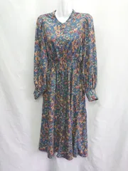 ◇ ⊂ RETRO GIRL レトロガール 総柄 長袖 ロング丈 ワンピース サイズF ブルー ブラウン レディース E  【1409240007685】