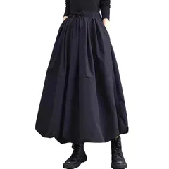 [ハベリィ] ロング スカート ウエストゴム バルーン コクーン カジュアル ミモレ 丈 レディース ミディー丈 無地 ルーム ウェア ワンマイル ウエア マキシ丈 ふんわり フレア 春 夏 秋 冬 可愛い おしゃれ 大きい サイズ 着 [ブラック] [XL]