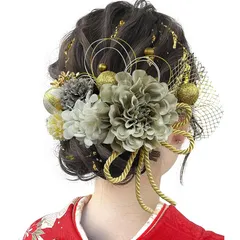 [JZOON] 成人式 髪飾り【10色展開】 ドライフラワー ダリア あじさい かすみ草 造花飾り ヘアアクセサリー 和玉 赤 ゴールド 水引 ヘッドパーツ 振袖 着物 卒業式 七五三 浴衣 袴 結婚式用 手作り 専用ケース付き Y3335 灰