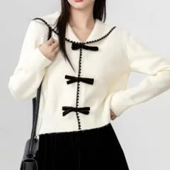 白　ニット　カーディガン　リボン　襟　ホワイト　可愛い　モテ　清楚 上品 羽織