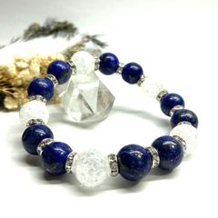 ラピスラズリ&クラック水晶 パワーストーン ブレスレット 天然石ブレス (シルバー) 12mm メンズ　レディース 男性 女性 9月・12月誕生石 幸運 金運 厄払い 数珠  [17]