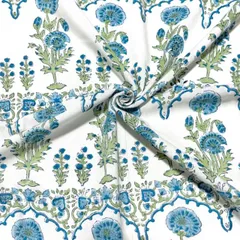 【50cm単位】ホワイトブルーフラワーレース　インド　ハンドブロックプリント生地　テキスタイル コットン