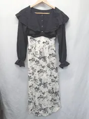 ◇ ⊂ GRL グレイル フリル 花柄 長袖 膝下丈 ワンピース サイズS ブラック ホワイト レディース E  【1505290036801】