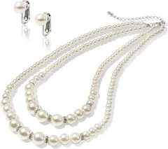 LunArts パールネックレス 2連 or セット 8mm 真珠 冠婚葬祭 結婚式( ホワイト)