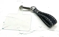 スマホ レザーストラップ　ブラック ステッチ ホワイト（小）ストラップホルダー付き