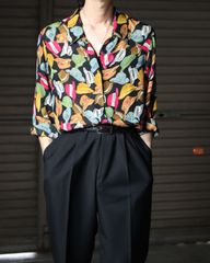 hat art silk l/s shirt fly front 90s 00s ハット 帽子柄 シルク 絹 開襟 長袖シャツ フライフロント オープンカラー