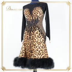 【美品 社交ダンス衣装】ブラウン ラテン ドレス ワンピース ヒョウ柄 黒 茶色 長袖 ファー デモ 競技用 フリンジ 発表会 スカート ブラック かわいい 綺麗 きれいめ かっこいい 大人っぽい 柄 個性的 おしゃれ ダンス ダンスウェア エレガント 映え