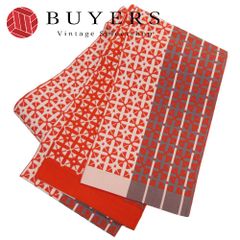 【中古】 半幅帯 正絹 朱 白 灰 幾何学模様 十字 円弧 和装 呉服 和服 きもの レディース 女性