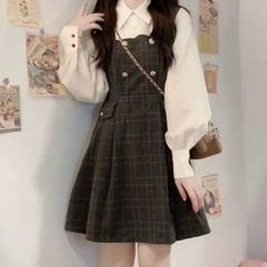 【新品】ガーリー♡チェック柄フェイクツーピースワンピース レディース ワンピース レトロ レイヤード ドッキング チェック柄 低身長 長袖 春 秋 ブラウス 学生 通学 通勤 デート 入学 S M L XL 　F0747