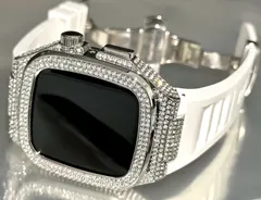 クリスタルシルバーS★アップルウォッチバンド ラバーベルト ステンレス カバー　Apple Watch ケース 44mm 45mm 4 5 6 7 8 se メンズ レディース スポーツ