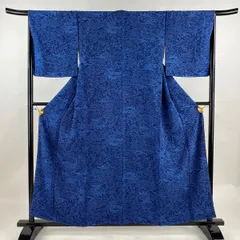 小紋 身丈158cm 裄丈65cm M 袷 萬葉の藍 草花 建物 藍染 藍色 正絹 名品 【中古】のサムネイル