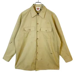 USA製ディッキーズDickies長袖ワークシャツツイル生地ロゴタグワンポイントベージュカーキゆるダボアメカジストリートvintageヴィンテージ50313