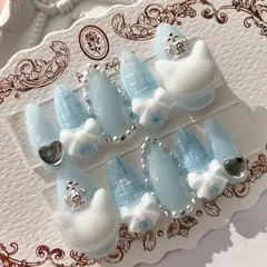 ネイルチップ 量産型 地雷 サブカル 天使界隈 水色 ブルー ホワイト 猫