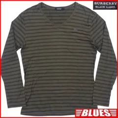 BURBERRY BLACK LABEL 廃盤 バーバリーブラックレーベル Tシャツ M ロンT カットソー Vネック カーキ 2 刺繍 ボーダー シャツ_カットソーサイズM一覧←SEULB屋着古← TY3956