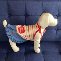ミキハウス　miki house  犬服ワンピース　ボーダー　りんご刺繍　ブランドロゴ入り　デニムワンピース　MDサイズ　女の子ペット服