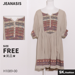 ★美品★ JEANASIS ジーナシス ワンピース　膝上丈　半袖　エスニック調　パフスリーブ　裏地付き 　ベージュ　 【H1089-00】 送料無料　古着　レディース