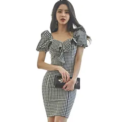 [GRAXIA] 【グラシア】キャバドレス ミニドレス 2WAY パフスリーブ タイト ワンピース キャバ嬢 キャバクラ ラウンジ チェック柄 ギンガム フリル レディース ブラック Mサイズ