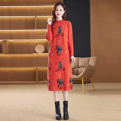 【オレンジ色★Ｌサイズ】長袖 ひざ丈 ニットワンピース　Ａライン　体型カバー  ゆったり　大きめ