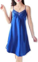 [kanaelun] 【カナエルン】 キャミソール ナイトウェア ネグリジェ ルームワンピース サテン 半袖 レディース ルームウェア 寝間着 プリンセス ノースリーブ ワンピース 下着 ロング アンダーウェア インナーウェア シルク vネック レ [ブルー]