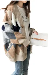 Lion garden(ライオンガーデン) カーディガン アーガイル 秋冬 ニット 厚手 シンプル カジュアル( ベージュ,  L)