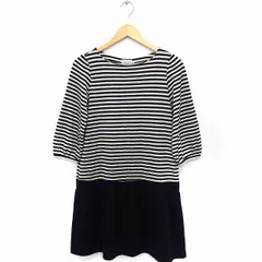 アナトリエ ANATELIER 切替 ニット ワンピース ボーダー 無地 フレア リボン 丸首 七分袖 ひざ下丈 ロング ウール 38 ブラック 黒 /FT47