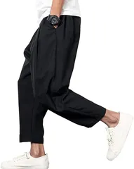 B-talk(ビートーク) BT05 ワイドパンツ メンズ イージーパンツ ロングパンツ クロップド 九分丈 ズボン ずぼん 大きいサイズ ウエストゴム 薄手 春 夏 秋 春夏 春秋 服 裾ゴム 麻 夏用 夏ズボン 色( ブラック,  3XL)