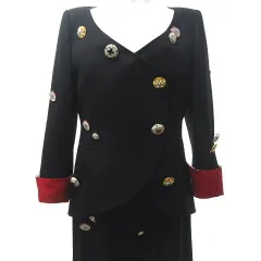 クリスチャンディオール Christian Dior 超希少 70's ヴィンテージ ビジュー スカート スーツ セットアップ ノーカラージャケット 装飾ボタン ラインストーン パーティー セレモニー マルクボアン期 デッドストック アーカイブ 約L 黒 ブのサムネイル