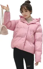 PACARON 中綿 ショート コート レディース 防寒 フード 付き アウター 軽量(ピンク,  XL)