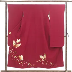 振袖 身丈154cm 裄丈67cm 前幅24cm 後幅29.5cm 袖丈100cm 袖幅34cm レディース 袷 蝶柄 裄長 裄Lサイズ 秋冬春用 正絹（シルク）レッド 美品 リメイク リユース リサイクル【呉服のきくや】