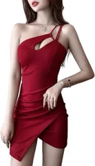 ISLAYCAOLILA ワンショルダー ワンピース カシュクール タイトミニ クラブドレス ストラップ ノースリーブ レディース EE2( ワインレッド,  S)