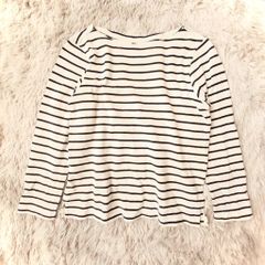 ユニクロ UNIQLO【M】Tシャツ ボートネック カットソー ネイビー系 大人カジュアル ボーダー 白/ホワイト