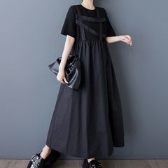 モード系  ブラック  ウエストギャザー   Aライン ロングTシャツドレス