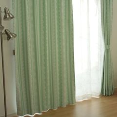 【2級遮光】厚地カーテン　グリーン　レース柄　巾100cm×丈135~200cm（各2枚組）　3サイズ展開