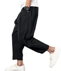 ブラック_3XL [ビートーク] BT05 ワイドパンツ メンズ イージーパンツ ロングパンツ クロップド 九分丈 パンツ ズボン ずぼん 大きいサイズ ウエストゴム 薄手 春 夏 秋 春夏 春秋 服 裾ゴム 麻 夏用 夏ズボン 夏ずぼん ゆったり 色 黒色